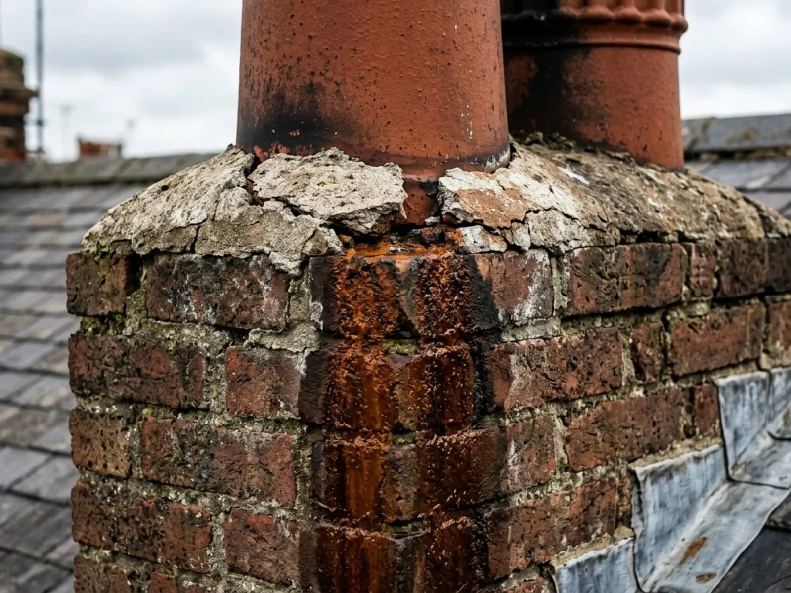 A close photograph of a Victorian chimney stack showing cracked flaunching around a pot and a rust-coloured damp stain running down the brickwork below