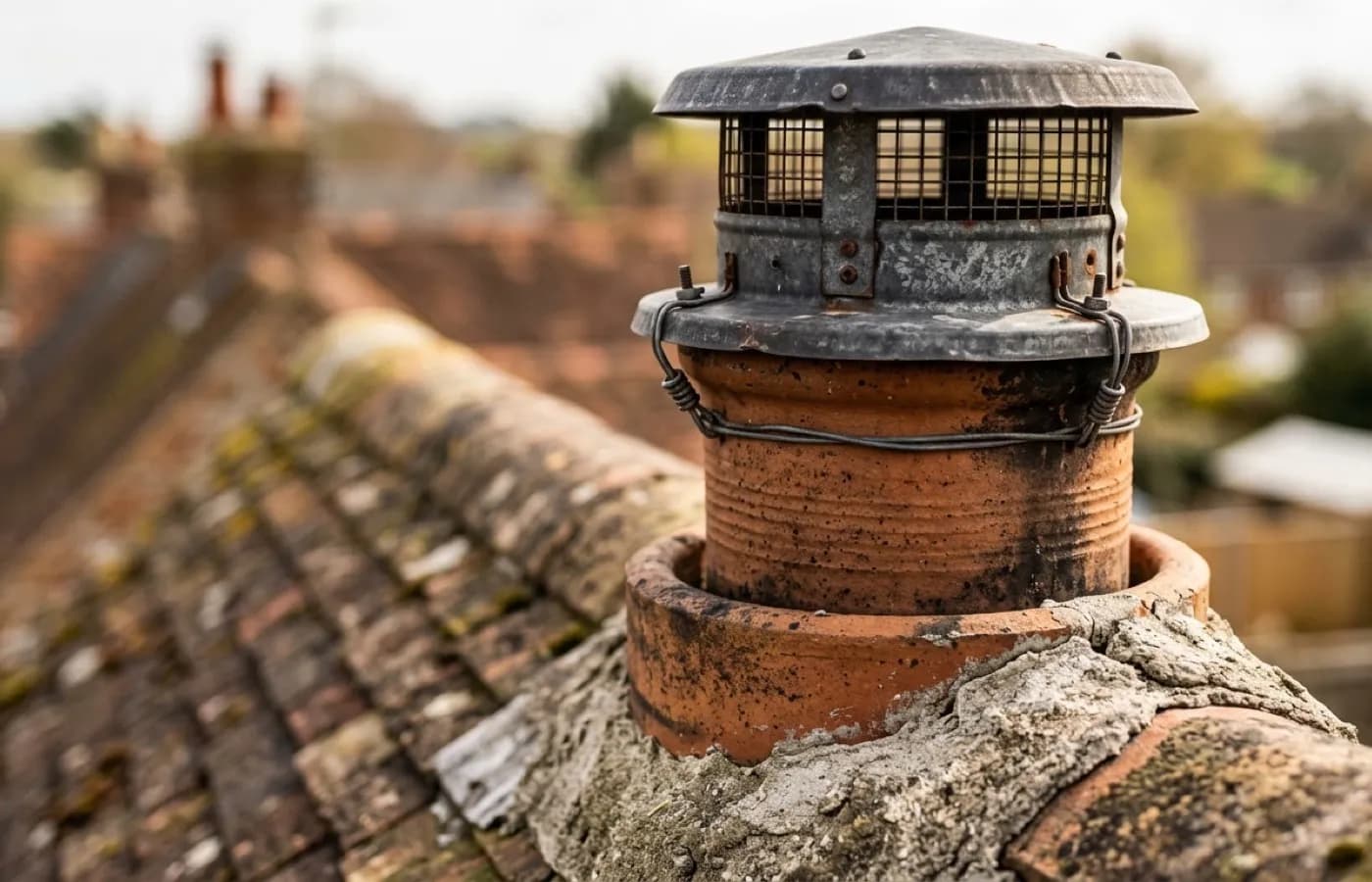 A close photograph of a chimney pot and cowl, the clay collar around its base and the metal cowl checked for cracks and a secure fit