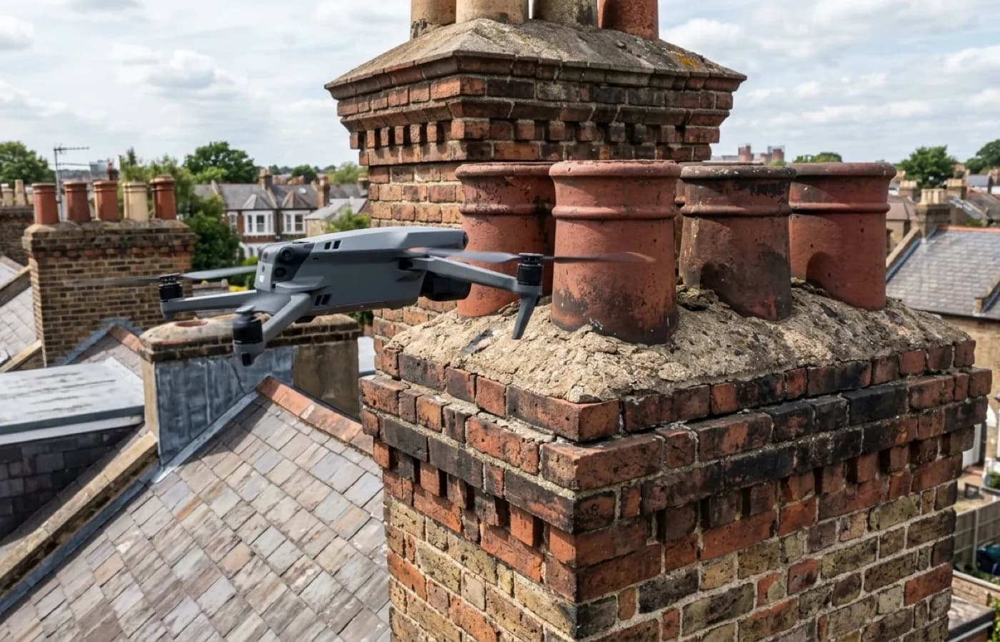 A grey folding survey drone hovering close to a tall Victorian brick chimney stack, photographing the pots and flaunching