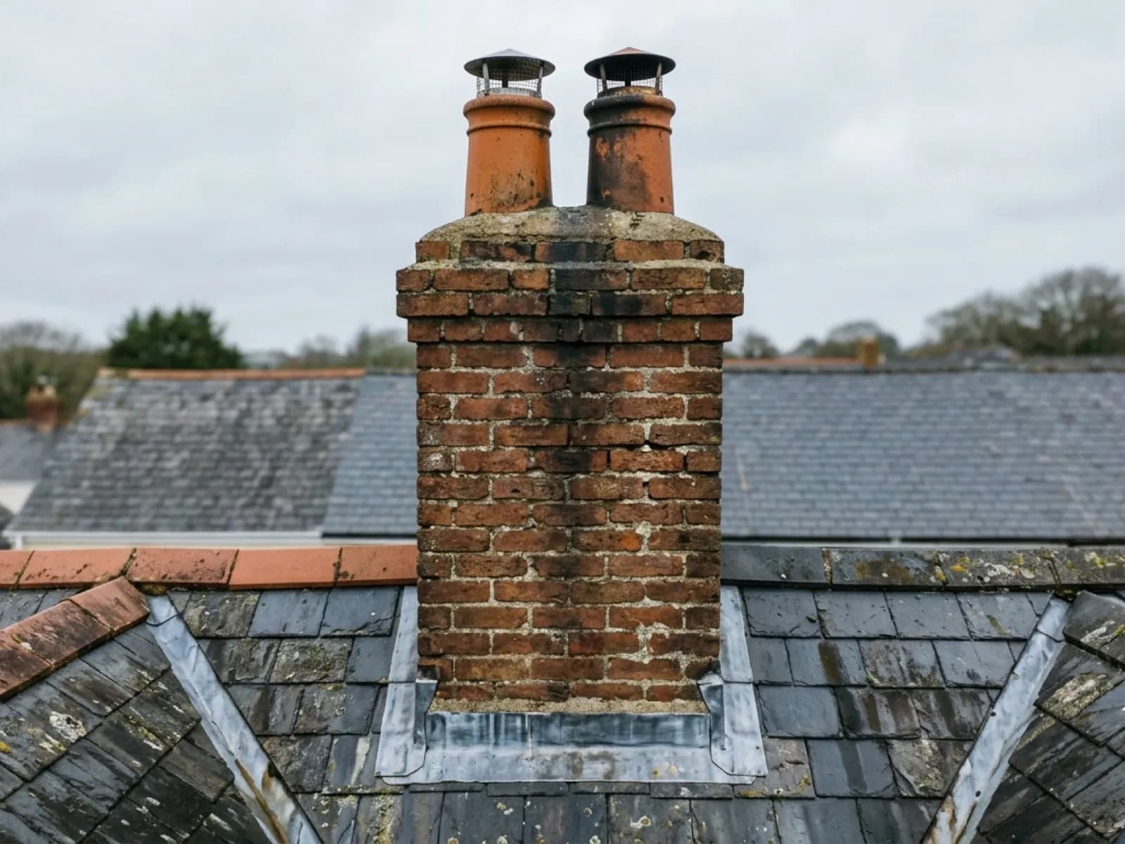 A close aerial photograph of a Victorian brick chimney stack with two clay pots, labelled with markers pointing to the pot and cowl, the flaunching, the flashing and the brickwork