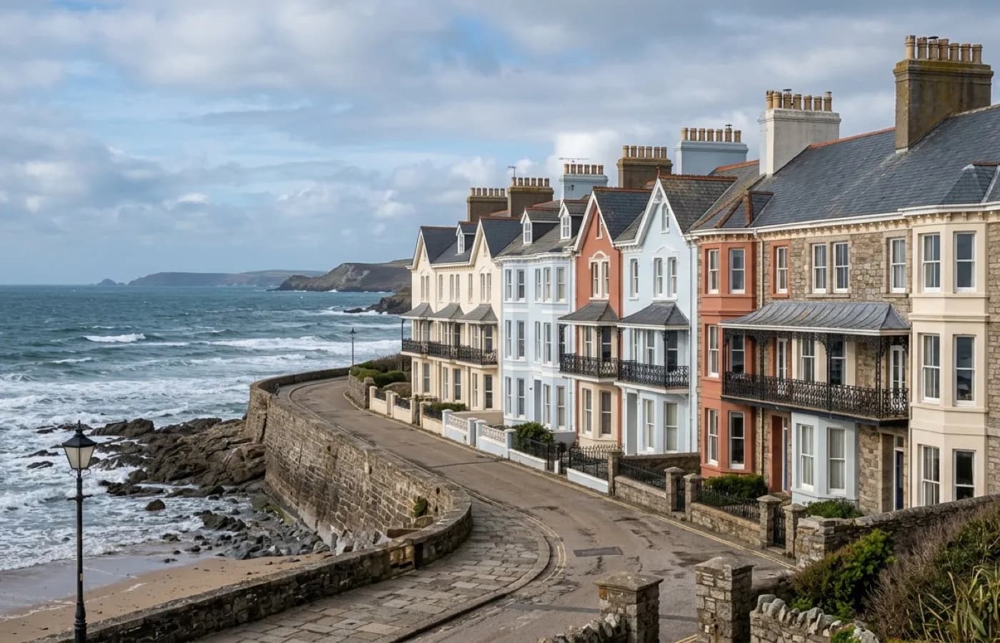 A row of Victorian seaside resort terraces with rendered parapet chimney stacks facing the sea