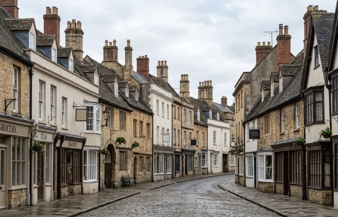 A Georgian and Victorian market town high street with tall rendered chimney stacks above the shopfronts