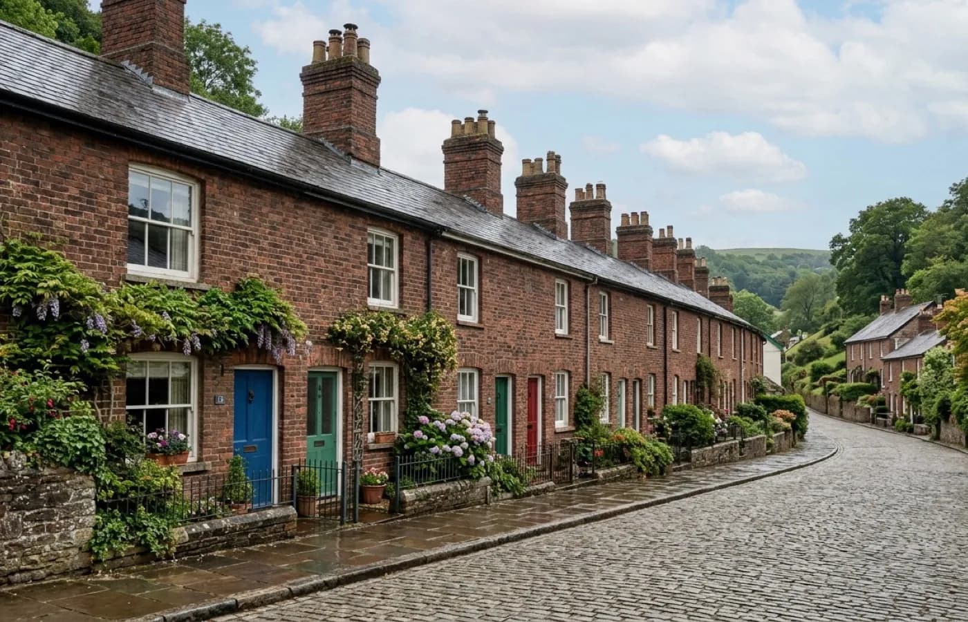 A terrace of Victorian mill workers' cottages with tall shared brick chimney stacks along the roofline