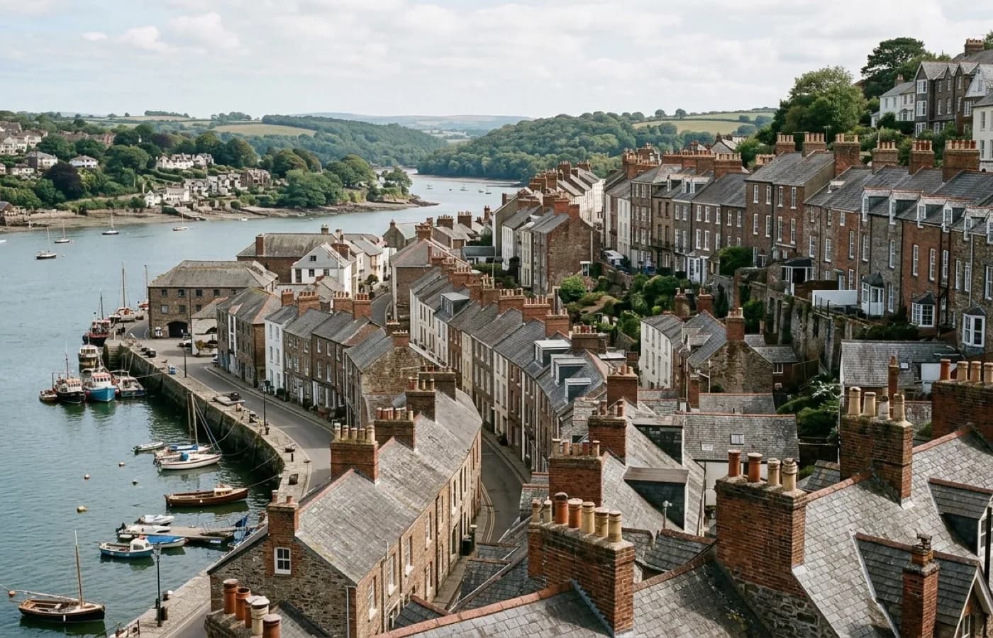 Dense Georgian and Victorian terraces with tall brick chimney stacks running down to a river quay