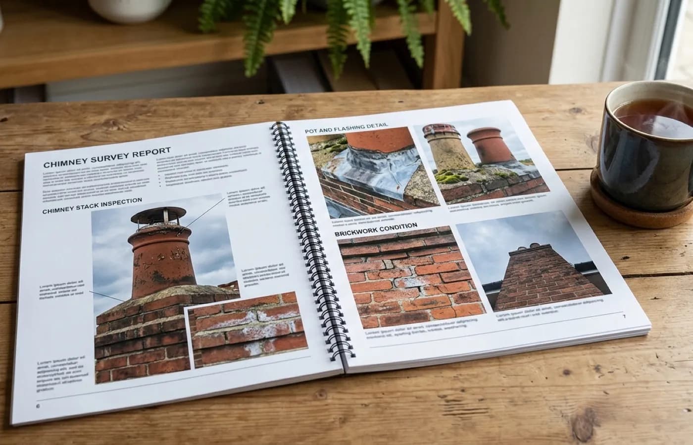 A printed chimney survey report open on a desk, close photographs of a stack's pots and brickwork printed alongside a mug of tea